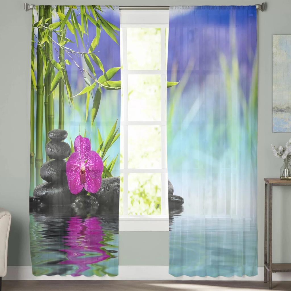 Blommor Stengrön Bambu Moderna tryckta Tyllgardiner för sovrum Balkong Fönsterdekor Kreativt Mode Hem Skir Gardin