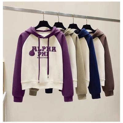 Bauchfreies Kapuzensweatshirt Damen Neu Frühling und Herbst Koreanische Version Locker Mode Druck Kontrastierend Nische Lässig Top