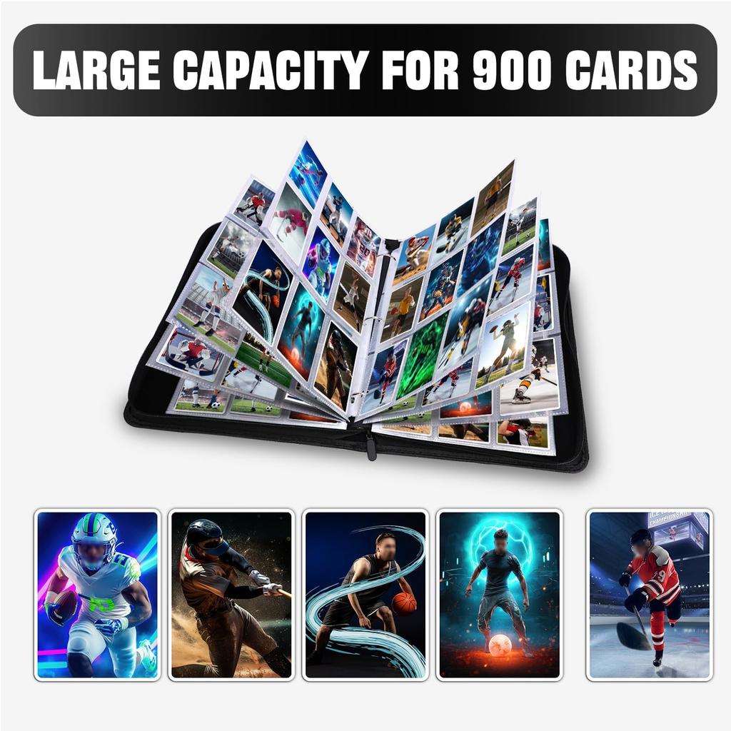 Sports Card Binder Sleeves,900 Pocket Sports Card Holder 50 Removable Sheets for Trading Cards Zipper Folder Collector Album 3 Ring Baseball Football
