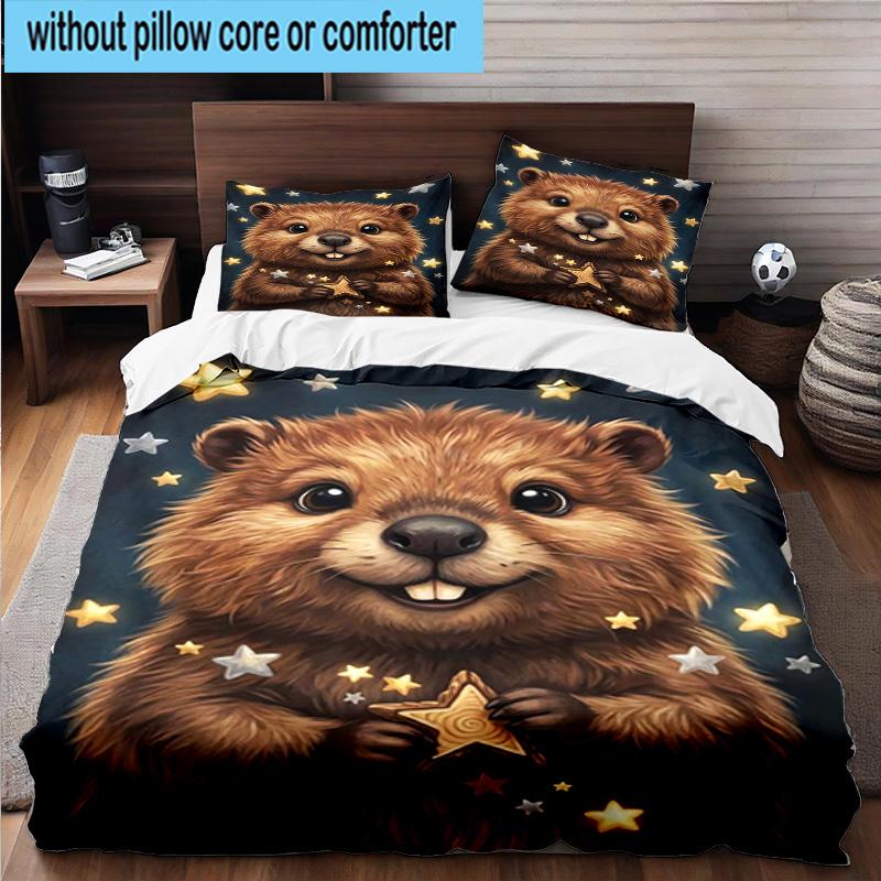 Starry Groundhog Illustration 3pcs Bedding,Including 1pc Duvet Cover And 2pcs Pillowcases Perfect for Christmas,Ideal for Bedroom, Dormitory