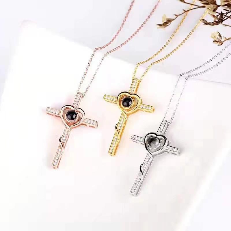 100 Languages 'I Love You' Projection Cross Necklace - Titanium Steel and Copper Clavicle Chain Pendant