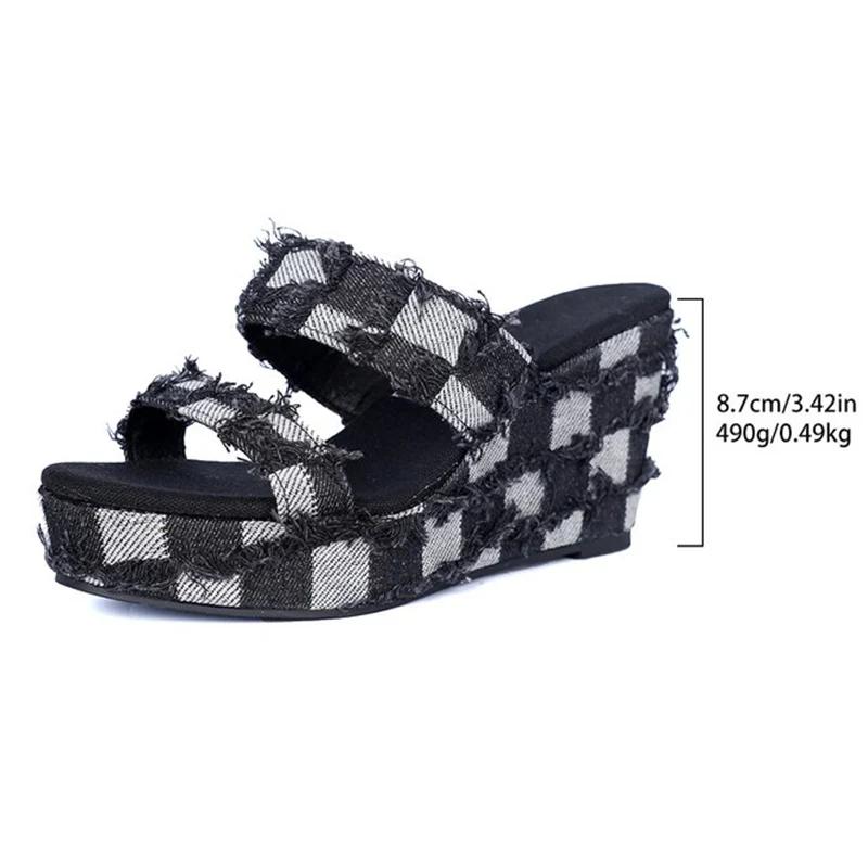 Fashion Denim Checkered Wedge Heel Sandals for Women Summer 2025 New Fashion Chunky Platform Sandals Woman Thick Bottom Outdoor Slippers