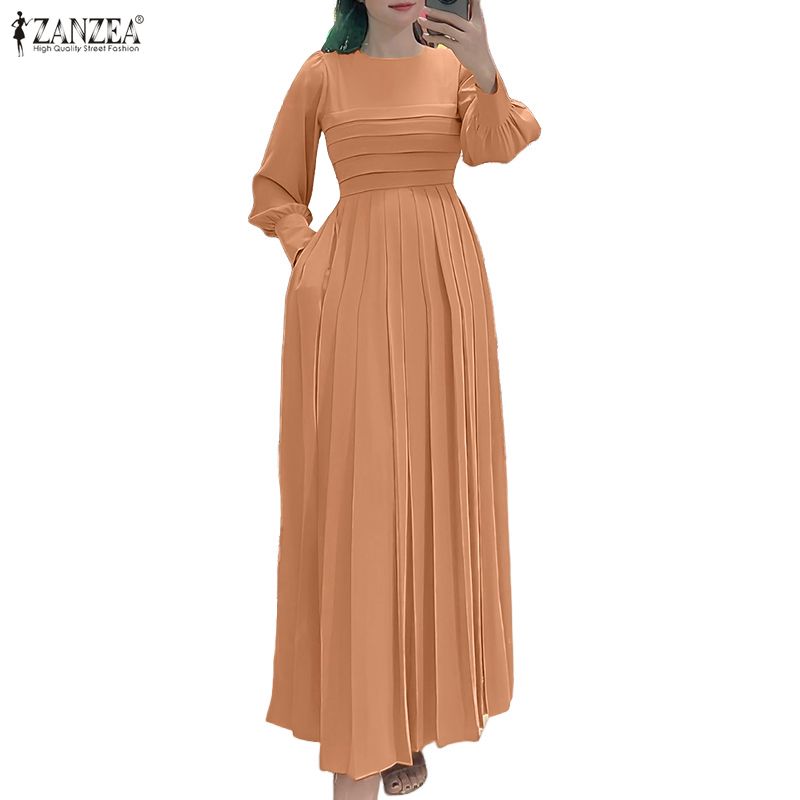 ZANZEA Women Casual Round Neck Solid Color Long Sleeve Loose Dress