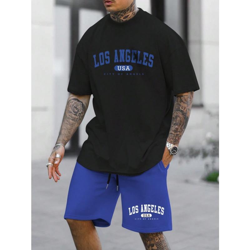 Set Casual pentru Bărbați Manfinity Homme, Tricou cu Mânecă Scurtă cu Imprimeu Litere și Pantaloni Scurți, Costum de Trening pentru Ieșit, Cadou pentru Iubit