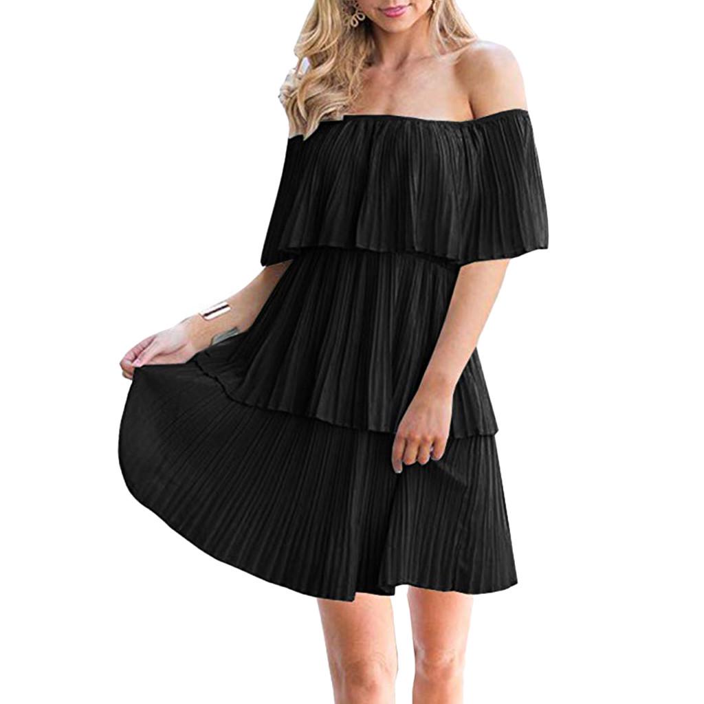 Women's Casual Off The Shoulder Sleeveless Tiered Ruffle Pleated Short ...