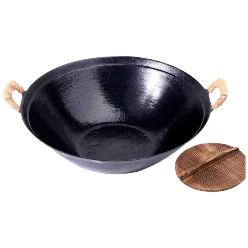 HDST Traditional Uncoated Cast Iron Wok with Wood Lid