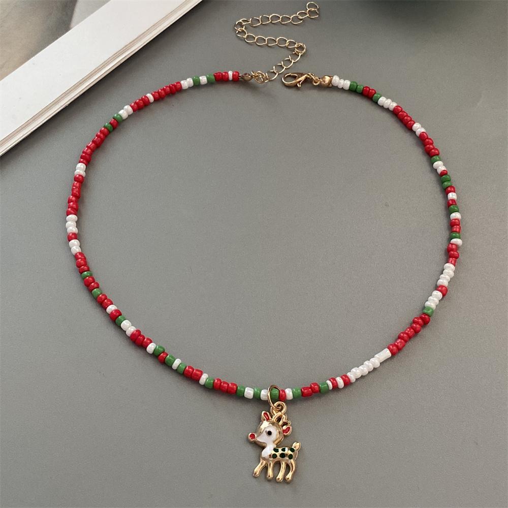 Christmas Necklaces for Women Girls Handmade Rice Beads X'mas Tree Santa Claus Snowman Gift Necklace Pendant New Year Jewelry