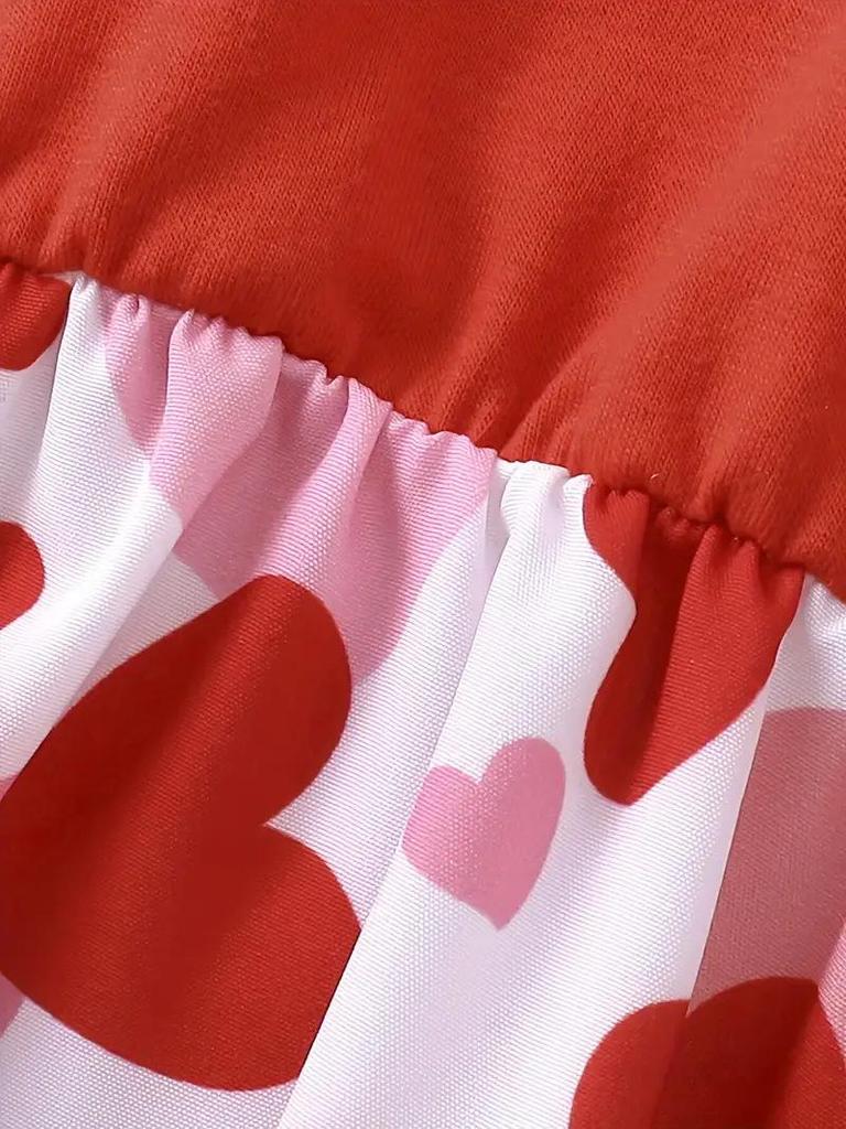 European & American Style Girls' Short Sleeve Heart Print Knitted Dress