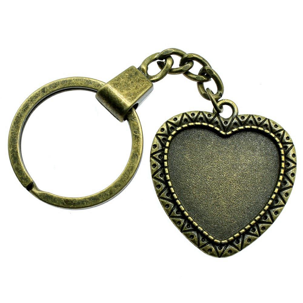 Heart Elliptical Glass Cabochon Base Setting Tray Blank Antique Bronze Metal Keychain for Family Gift