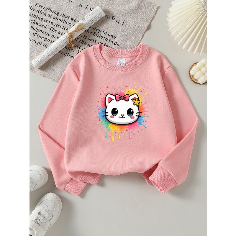 Kids Sweatshirt,Colorful Kitty Splash Design Crew Neck Fashion Sweatshirt, Autumn and Winter Top, Children's Sweatshirt