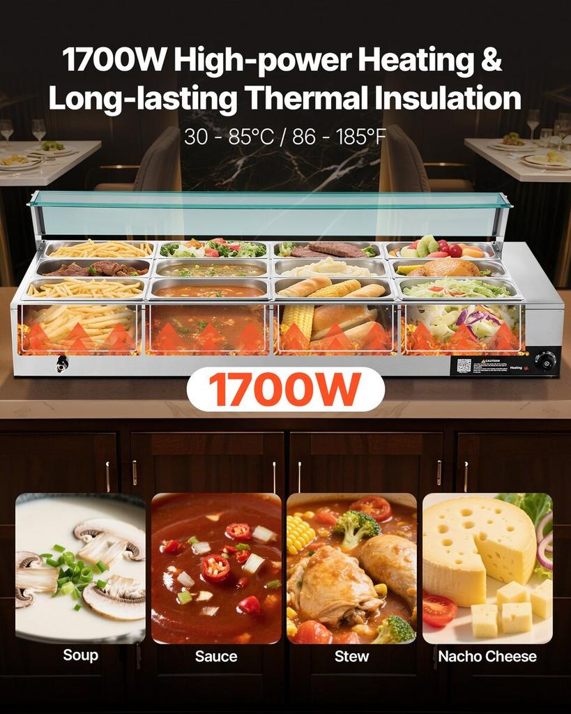 Commercial Food Warmer, 1700W Electric Stainless Steel Steam Food Warmer with Glass Cover, 12-Pan Countertop Buffet Bain Marie with Soup & Perforated