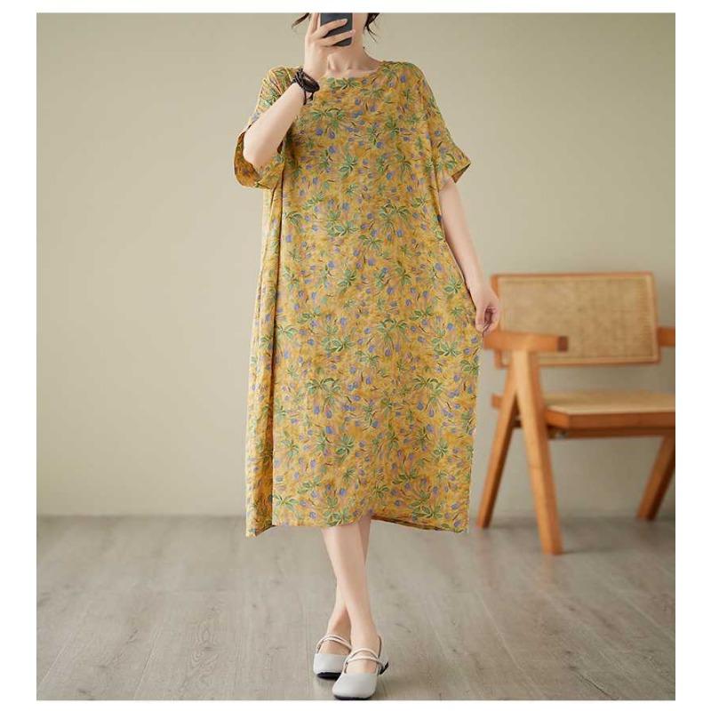 Summer New Yellow Floral Loose Thin Mid-length Temperament Dress Women