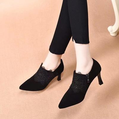 Mode spitze High Heels Frühling neues Temperament Spitze tiefer Ausschnitt Einzelne Schuhe schwarz Schafleder Stiletto Knöchelschuhe