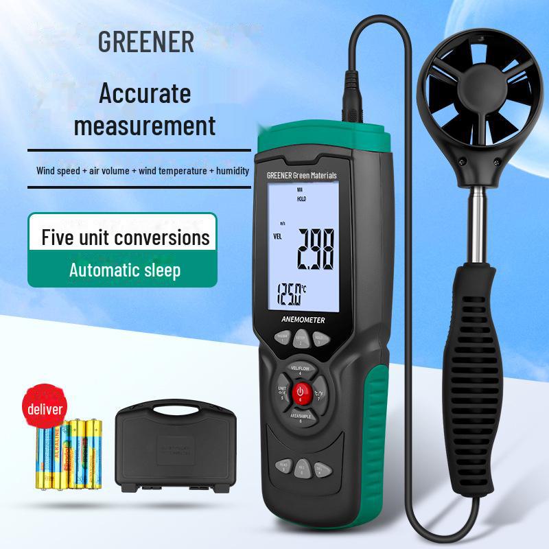 Green Forest Handheld Anemometer: High-Precision Wind Speed, Temperature, and Air Volume Tester.