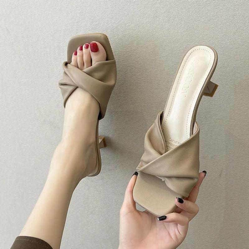 Summer Minimalist High-heeled Sandals Fashionable Versatile Casual Wear Square Toe Comfortable Semi Slippers