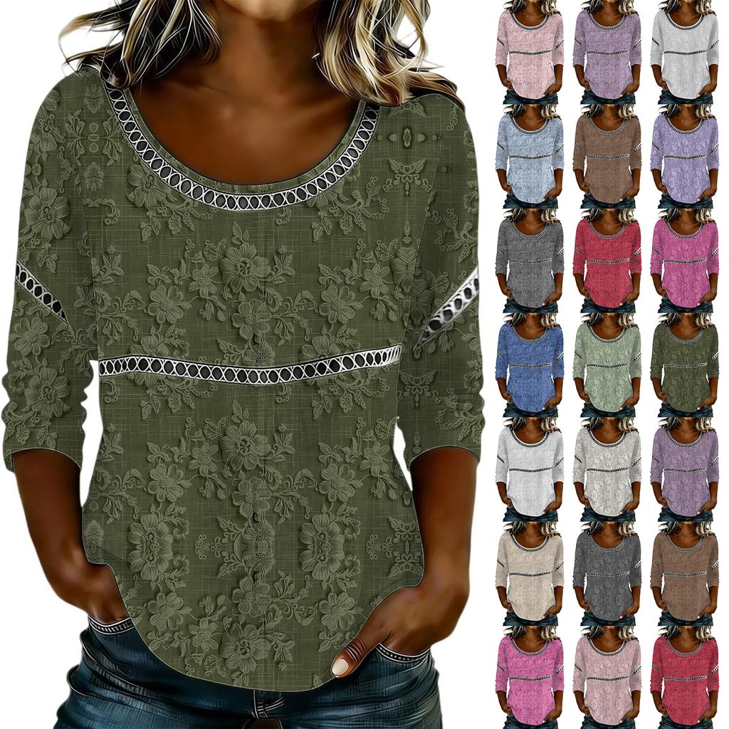 Women's Fashionable Casual Floral Print Seven Quarter Sleeved Round Neck T-Shirt Top