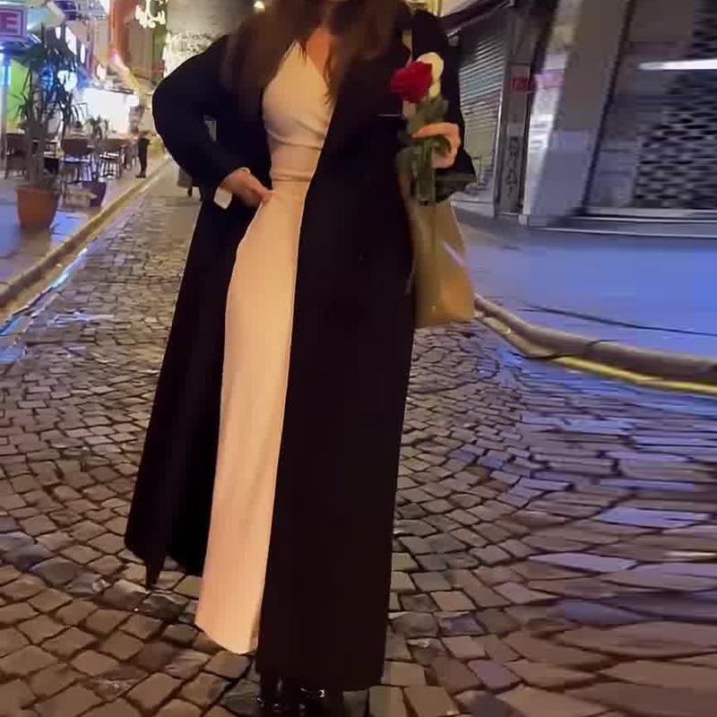 2023 Autumn/Winter European & American High-End Mid-Length Woolen Coat with Slit