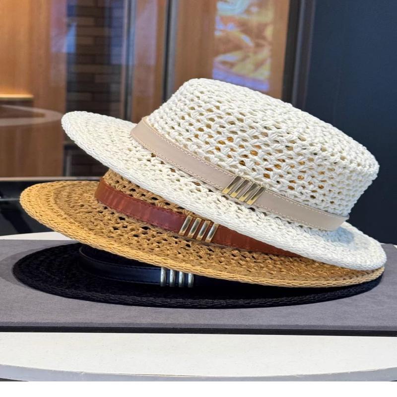 Lightweight Breathable Straw Boater Hat Hollow Out Leather Trim UV Protection Cap for Beach Travel Summer Outdoor Use