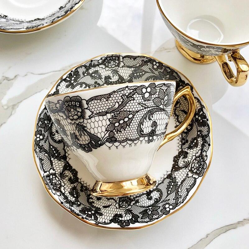 English afternoon tea, bone porcelain plate, dessert plate, ceramic snack, western plate, black lace. Coffee cups and a set of flavors