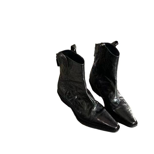 Fashion Fashionable pointed V-mouth retro denim leather slim boots with thick heels and wrinkled Western style short boots for women