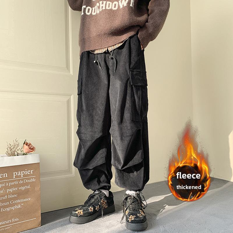 Men's Corduroy Overalls with Velvet - American Style, Straight Loose Wide-Leg, Trendy Autumn/Winter Large Size Pants