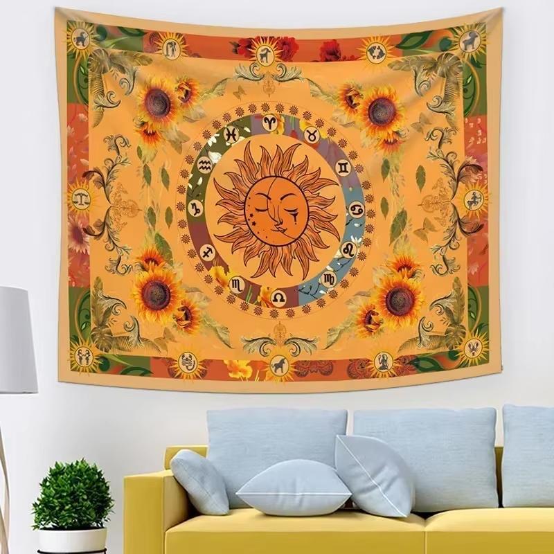 Psychedelic Spiritual Tapestry Trippy Tarot Sun and Mushroom Art for Bohemian Aesthetic Room Decor