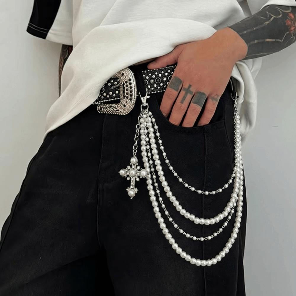 Punk Rock Cross-shaped Pearl Waist Chains Metal Pendant Pant Chain Waist Chain  For Women Man