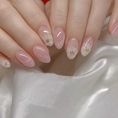 24 Pièces Tête Ovale Ronde Vent Européen et Américain Doux Rêve Rose Doux Sable Mouvant Fleur Manucure Porter Ongle