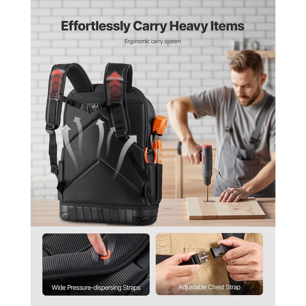 SucceBuy Tool Backpack 65 Pockets Tools Storage Organizer Bags with Laptop Compartment Molded Base for Electrician Repairman