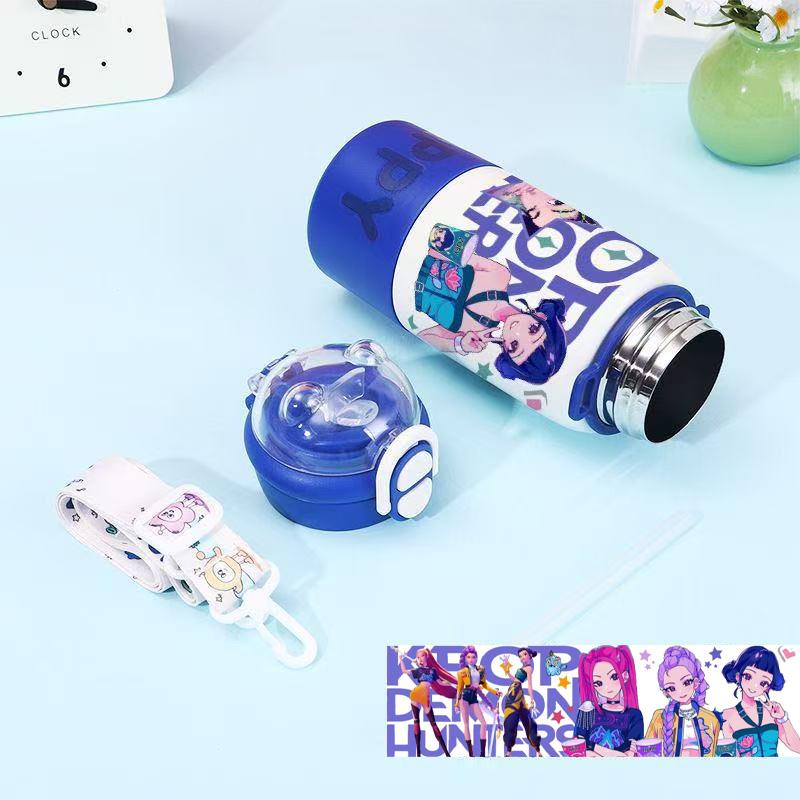 Kpop demonjägare Vattenflaska Dubbla lock med Sugrör och Rem 500ml, 316 Rostfritt Stål, Läckagesäker Anti-Mislock