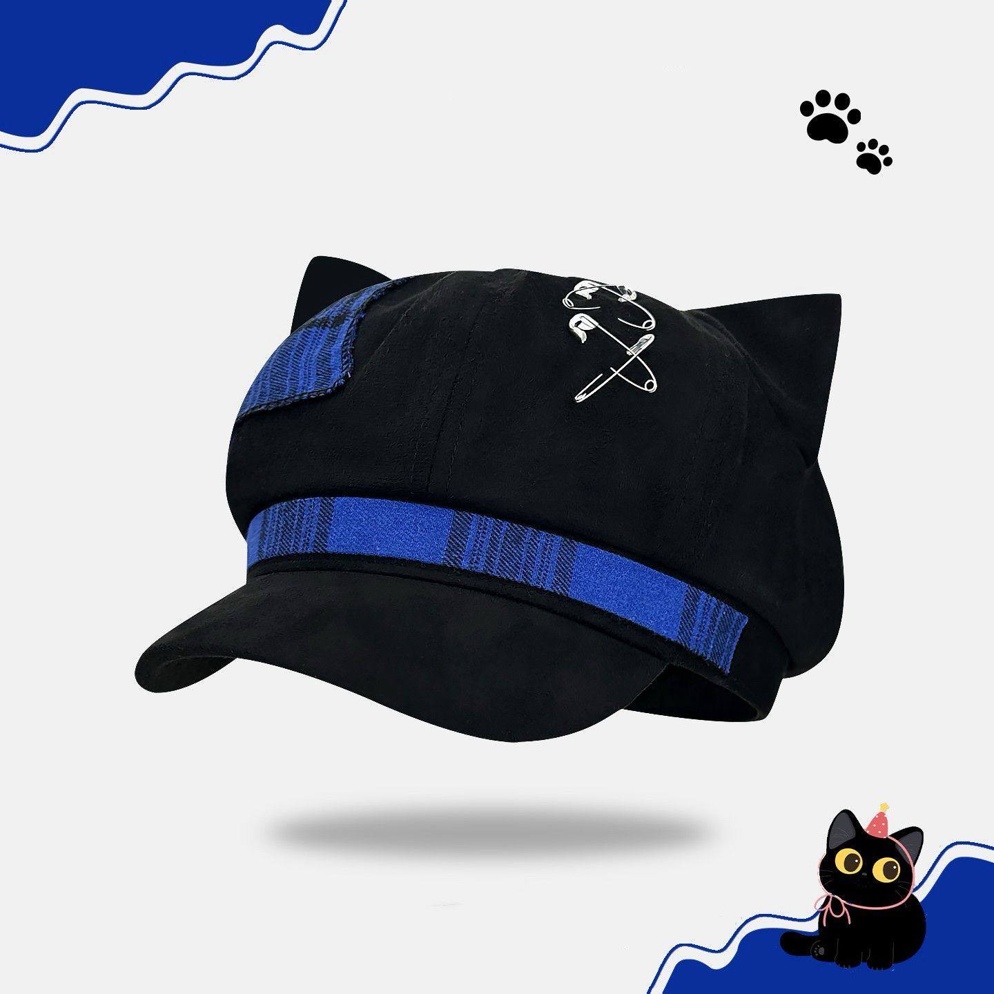 

Japanese Grid Star Patch Hat Versatile Personality Trendy Cool Beret Girl Autumn and Winter Hats Hot Girl Cat Ear Hat for Women