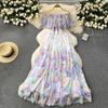 Summer Off Shoulder Gorgeous Flower Holiday Chiffon Dress Women Slash Neck Floral Print Elastic Waist Long Robes