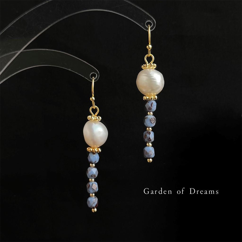 

Retro French Tassel Earrings with Handmade Blue Lampwork Beads and Freshwater Pearls