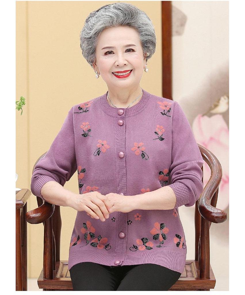 Middle-aged and Elderly Women's Spring and Autumn Sweater Knitted Cardigan Mom Clothing Grandmother Warm Coat Autumn and Winter Tops