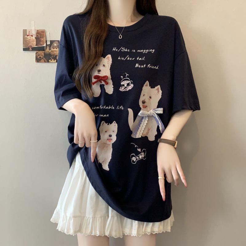 

Plus Size Cute Women s Short Sleeve T-shirt - 2026 Summer Style Puppy Print 2XL темно-синього кольору