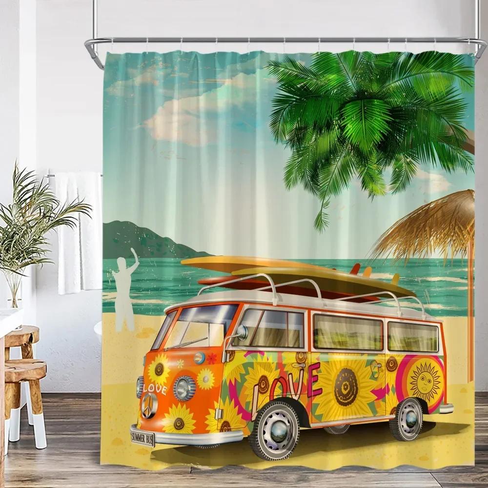 Camping Shower Curtain Camper Travel Bus Beach Coconut Tree Surfboard Outdoor Action Bathroom Decoration RV Shower Curtain