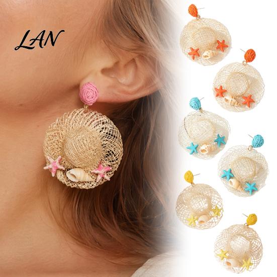 Photogenic Colorful Earrings 1 Pair Raffia Statement for Women, Woven Straw Hat Dangle Drop Earrings, Boho Shell Starfish Rattan Bohemian Summer Beach