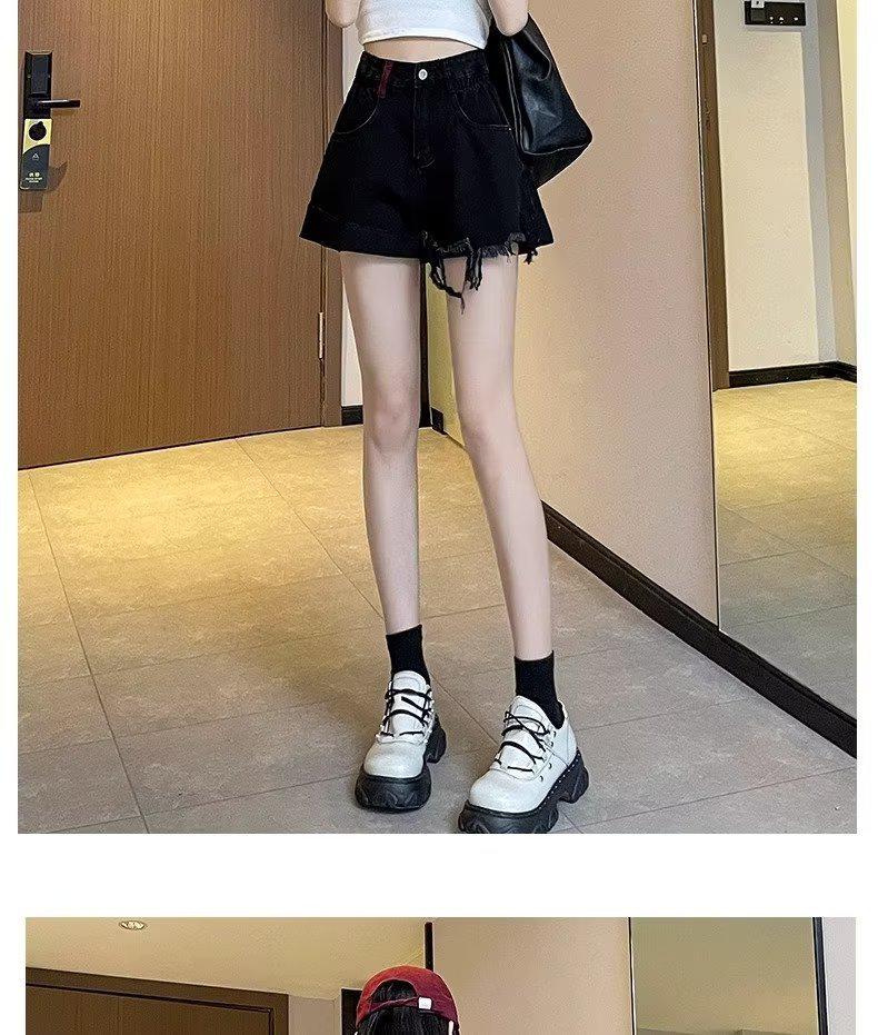 2025 Women's Black High-Waist A-Line Denim Shorts - Sexy, Slimming, Loose Fit, Wide Leg