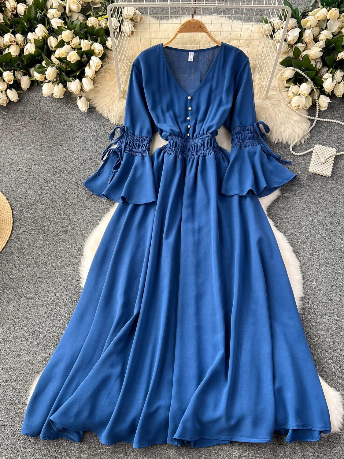 

Весенне-осеннее новое длинное платье ярких цветов Fahison, женское элегантное платье с v-образным вырезом и расклешенными рукавами, с высокой талией, праздничные пляжные платья макси-халат One Size синий