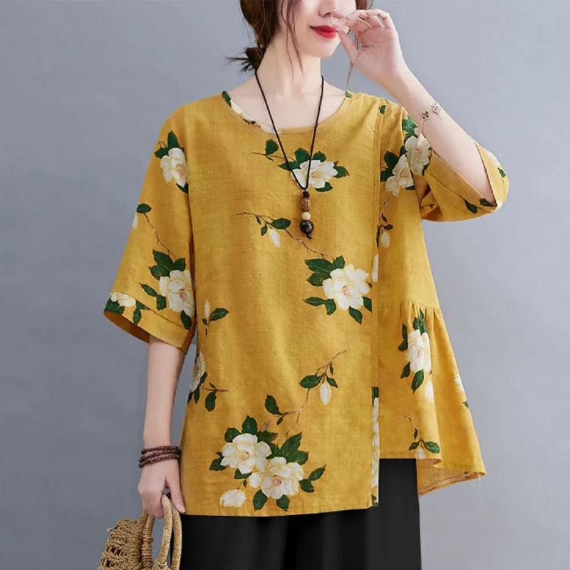 Women's Summer Round Neck Short Sleeve T-shirt Loose and Thin Casual Cotton Linen Graphic Shirt Leisure Blouse Tops