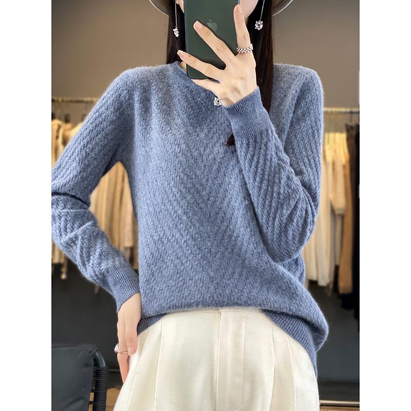Women's Round Neck Solid Jacquard Wool Pullover Sweater - Autumn/Winter Casual Knitted Top