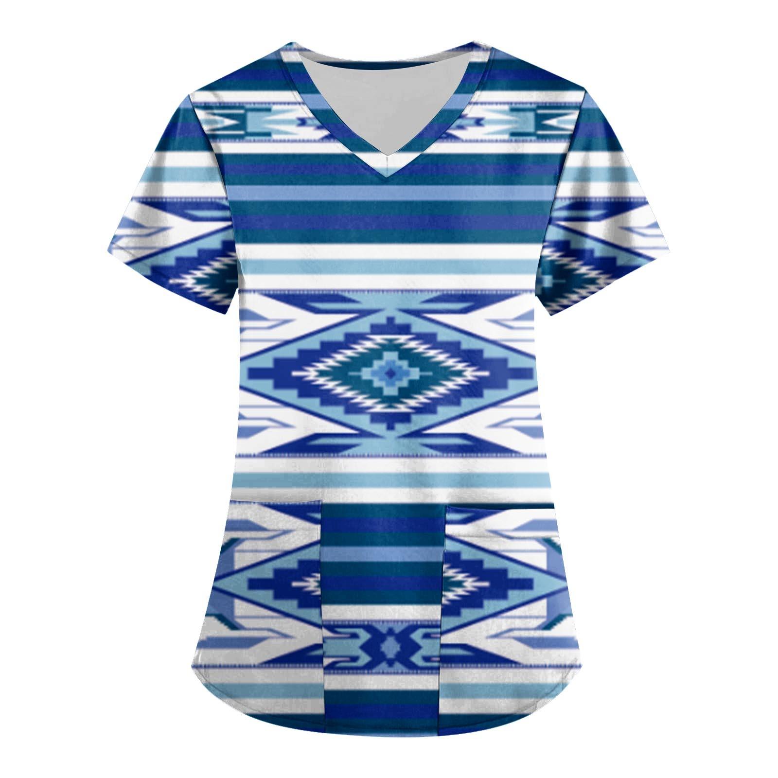 

Женская мода с принтом и короткими рукавами с v-образным вырезом, рабочая блузка с карманами XXXXL