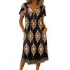 Women's Fashionable Retro Printed Round Neck Short Sleeved Button Neck Mid Length Casual Dress