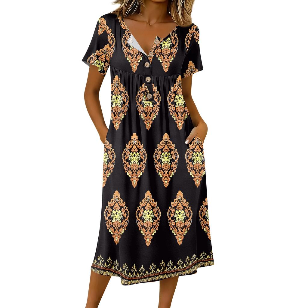 Women's Fashionable Retro Printed Round Neck Short Sleeved Button Neck Mid Length Casual Dress