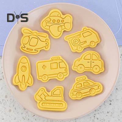 8 bucăți/set de tăieturi de prăjituri cu model de vehicule, reutilizabile, PP, pentru copii, șabloane de matriță pentru prăjituri de vacanță pentru copii