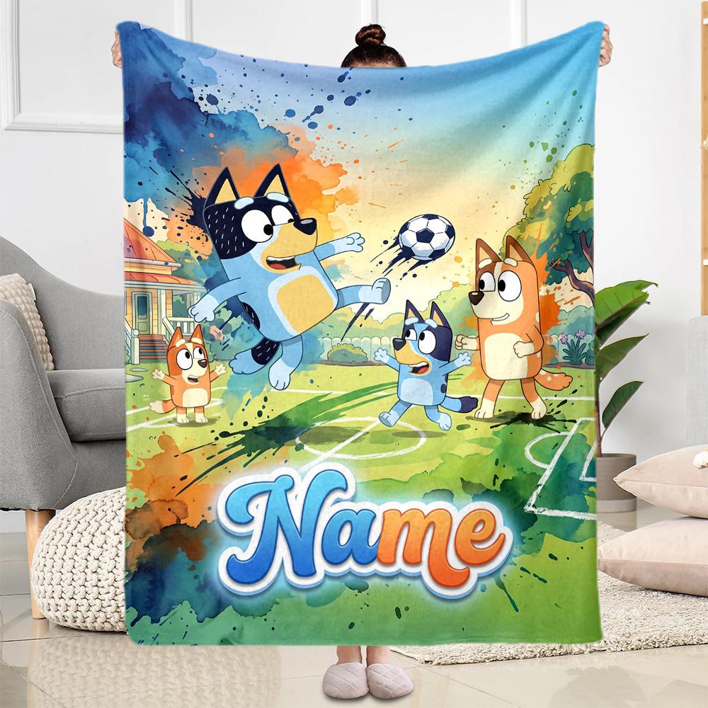 Bluey's Soccer Adventure Customize Your Name Blanket Gift Personalized Blanket Comfortable Versatile for Office Chair Couch Nap Picnics