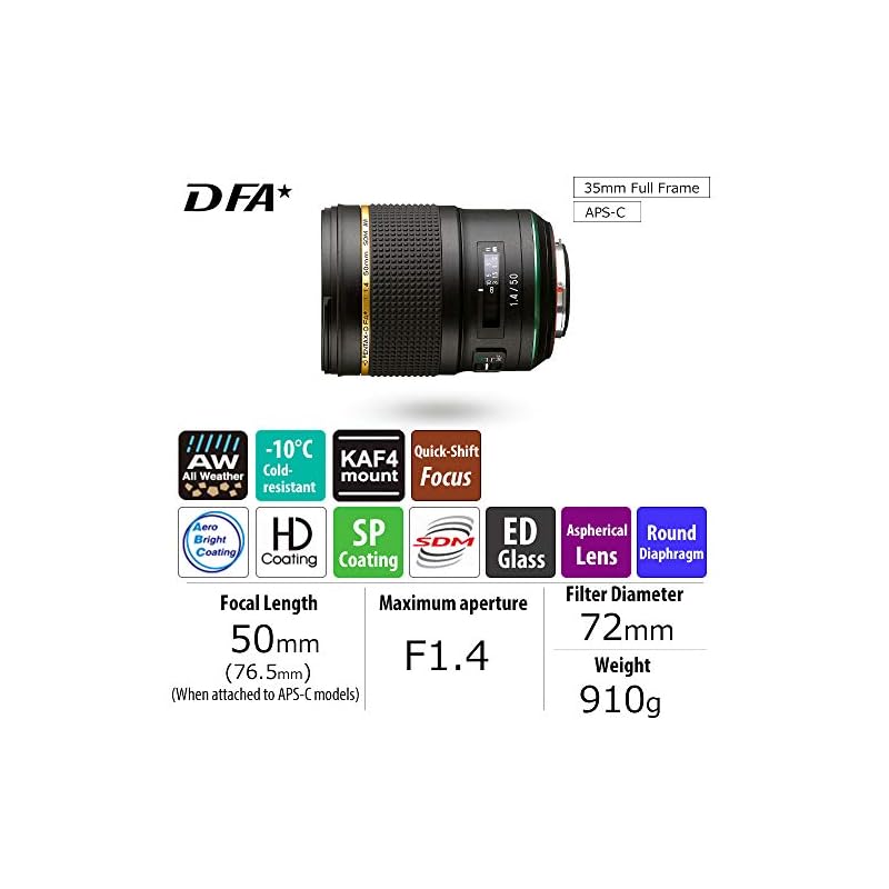 Pentax HD Pentax D FA 50mm 1.4 SDM AW Full Frame All-Weather Camera Lens, Black