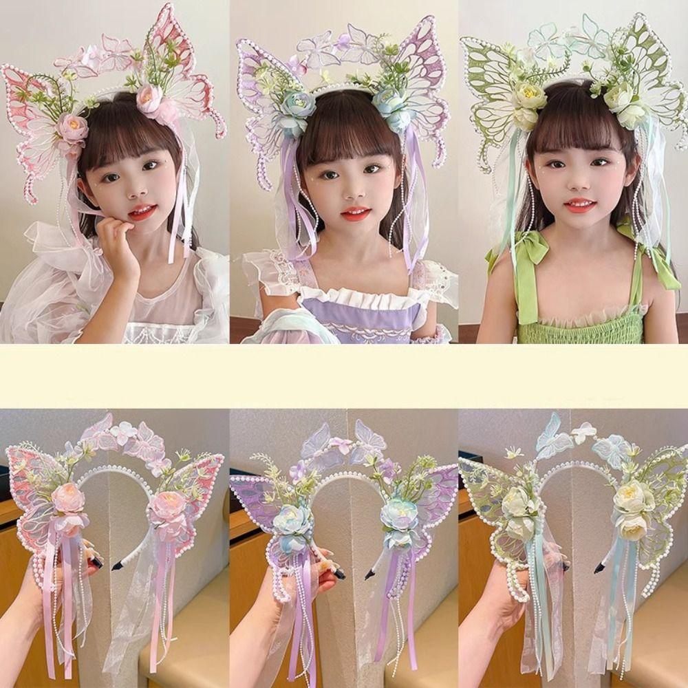 Silk Ribbon Butterfly Flowers Hairband Pearl Beads Decorative Headwear Floral Headwear  Women Wear