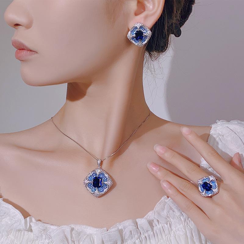 Jewelry Set, Earrings, Ring Necklace, Blue Spinel Square Design, High-End Light Luxury Women'S Colored Treasure.