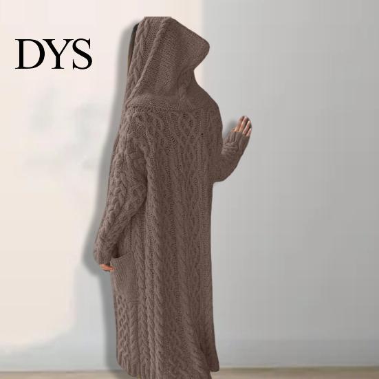 Hooded Coat Women Sweater Jacket with Pockets Mid Length Knitted Twisted Texture Solid Winter Color Long Sleeve Plus Size Thick Daily Commuting